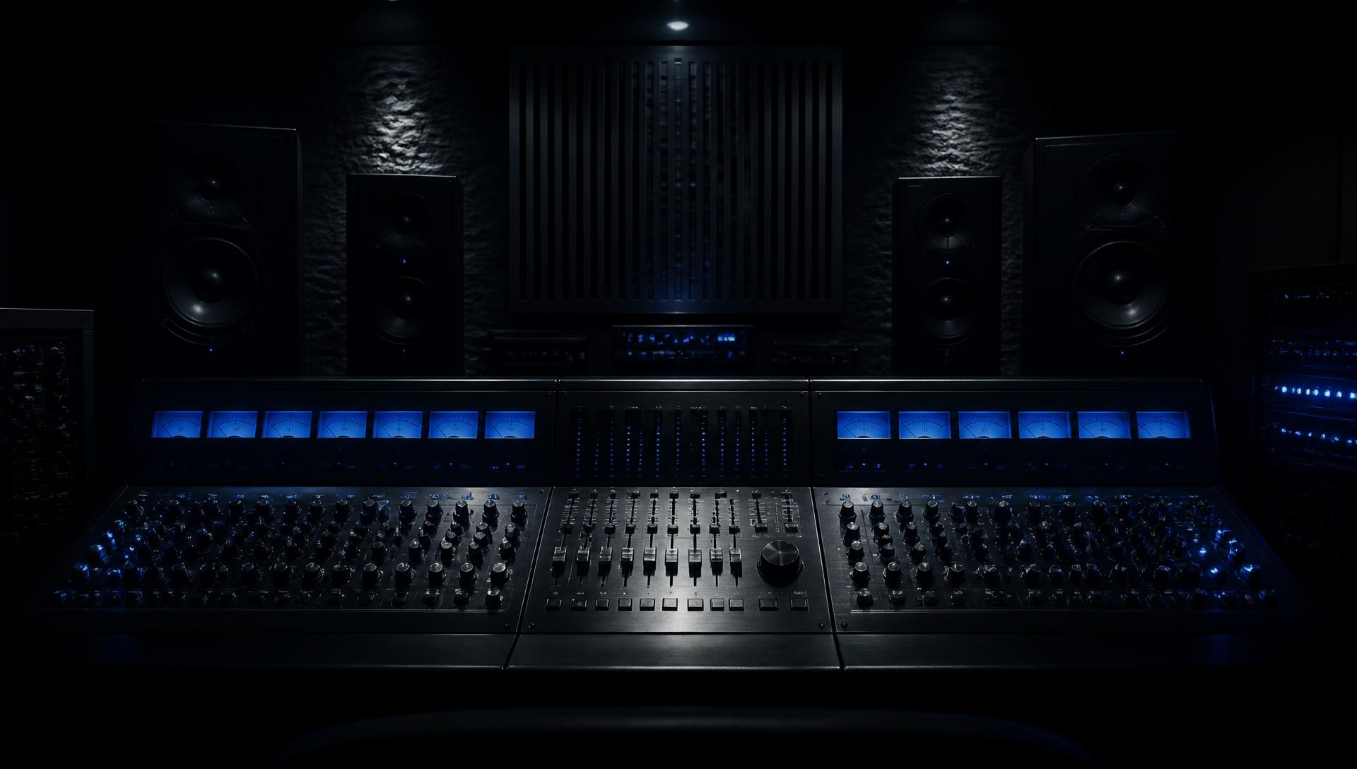 Mastering studio console with blue-lit VU meters